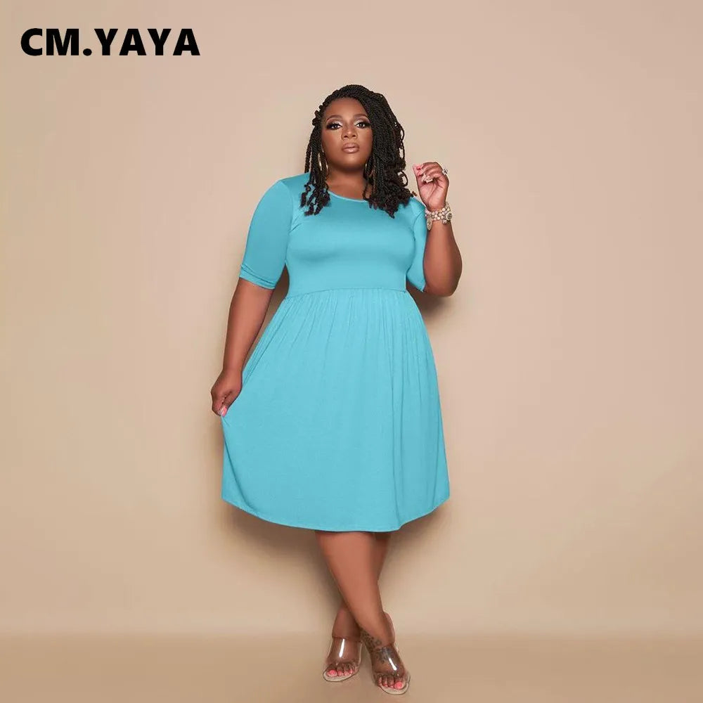 CM.YAYA Women Plus Size Dress Solid Short Sleeve O-neck Stretchy Loose Knee Length Dresses Casual Fashion Vestidos Summer 2021