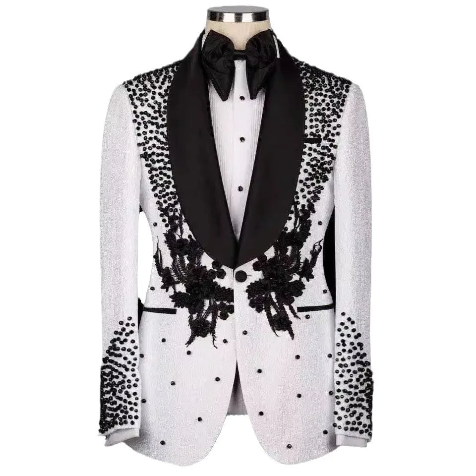 Black Beads Mens Wedding Tuxedos Ceremony Formal Groom Wear Party Birthday Pants Suits 2 Pieces Costume Marriage MS659