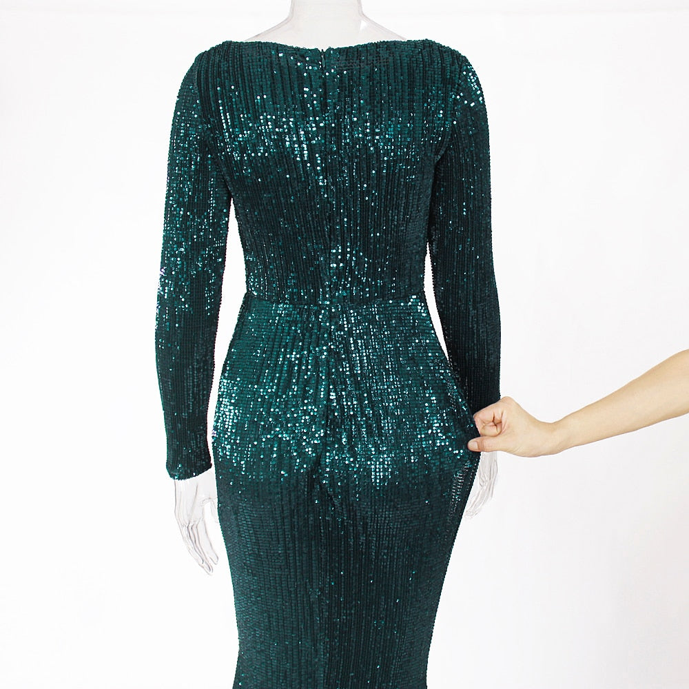 Enenthelabel O Neck Full Sleeved Maxi Dress Stretch Sequined Floor Length Evening Party Dress