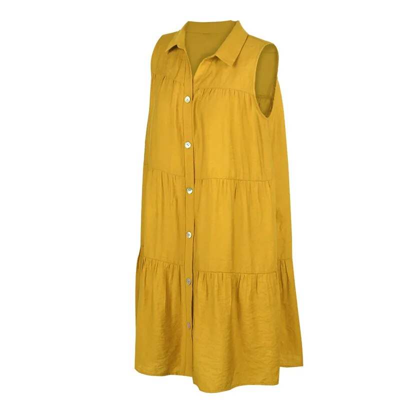 Turn-Down Collar Office Lady Cotton Shirt Dress Single-Breasted Sleeveless Summer Dress Women Loose Casual A-Line Spring Vestido