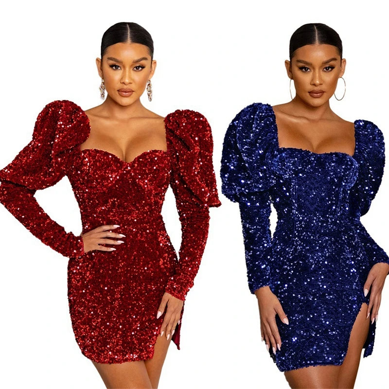 Women Sequines Mini Dress Autumn Long Puff Sleeve Square Neck Sexy Backless Lace Up Package Hip Dress Nightclub Party Bodycon