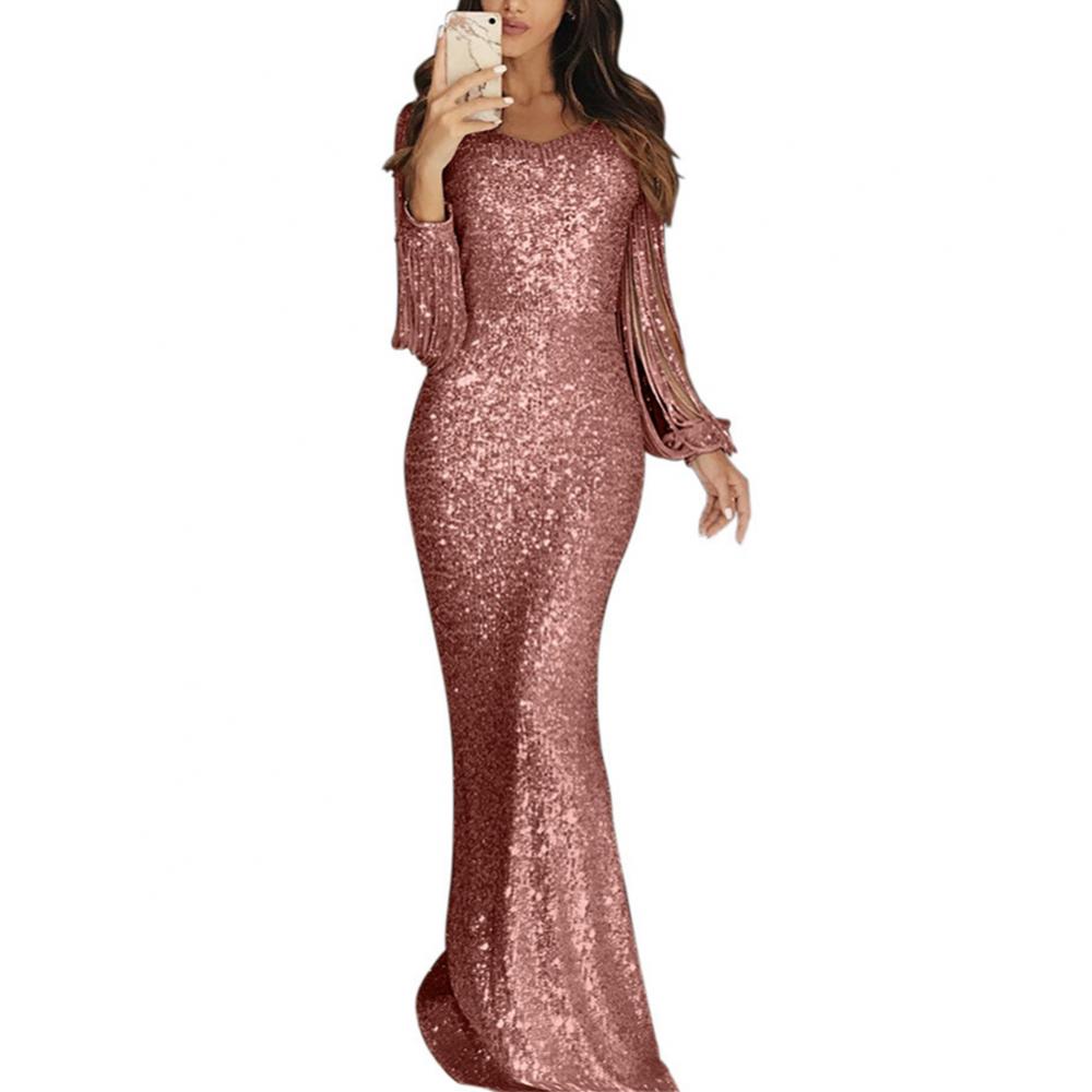 Elegant Ladies Vestidos Plus Size Chic Women Tassel Lantern Sleeve Sequined Tassel Long Sleeve V Neck Bodycon Party Maxi Dress