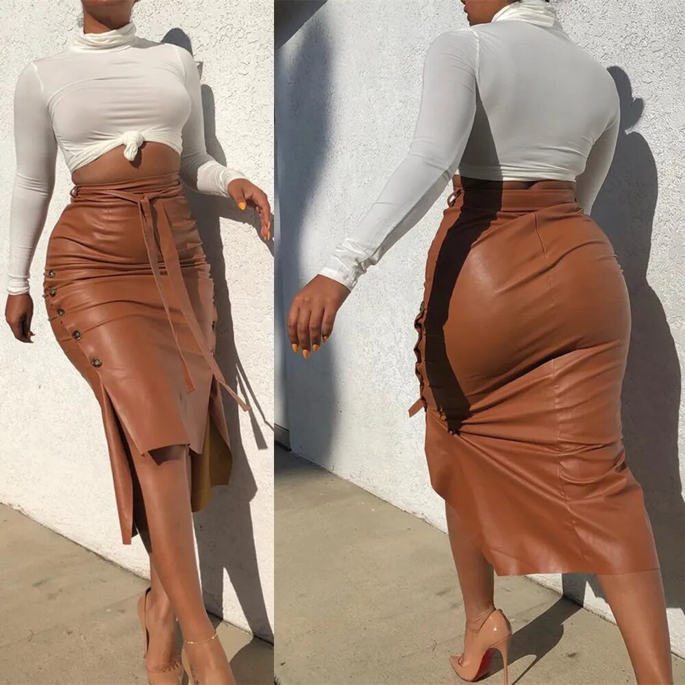 BKLD 2020 New Fashion Autumn Sexy Side Slit Button Midi Skirt High Waist PU Faux Leather Skirt With Belt Office Lady Style Skirt