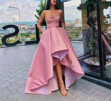 High-low Strapless Prom Party Evening Dresses платье женское Robe De Soiree Prom Party Simple Satin Lace-up