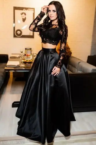 Hot 2pcs Suit Sexy Women Black Lace Formal Prom Long Dress Elegant Long Maxi Dress