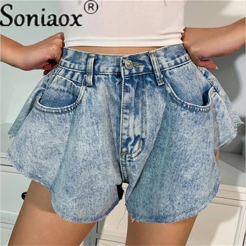 2021 Summer Women Casual Ripped Denim Shorts Sexy High Waist Ruffle Hem Loose Ruched Jean Short Female Fashion Street Clothing