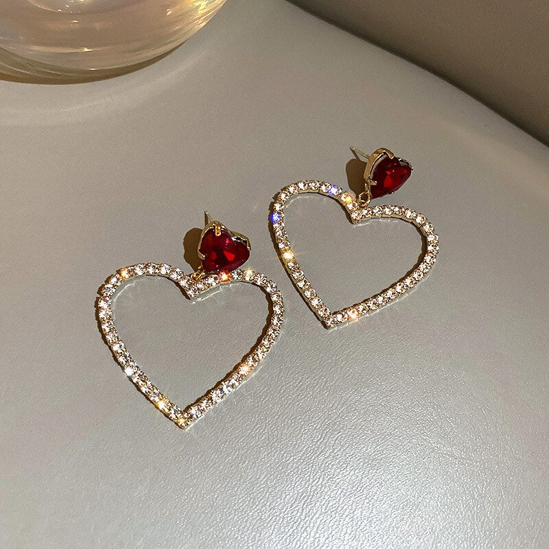 2023 Korean Fashion Jewelry Shining Rhinestone Hollow Heart Drop Earrings for Women Girls Vintage Red Crystal Earrings