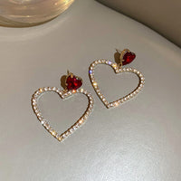 2023 Korean Fashion Jewelry Shining Rhinestone Hollow Heart Drop Earrings for Women Girls Vintage Red Crystal Earrings