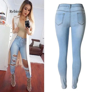 Stretch Skinny Ripped Jeans Women Destroyed Pencil Pants Elastic Tights Denim Trousers Distressed Boyfriend Streetwear