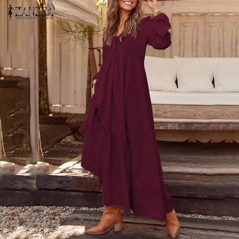 2023 ZANZEA Women Long Maxi Dress Casual Long Sleeve Pleated Dress Pockets Buttons V Neck Party Vestidos Cotton Bohemian Dresses