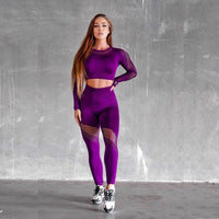 2 Piece Gym Set Women Hollow Out Yoga Set Long Sleeve Top High Waist