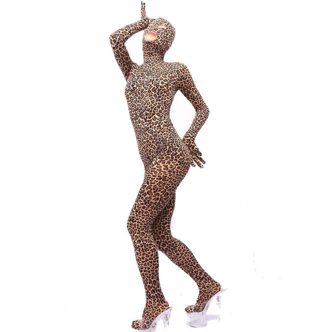 Sexy Leopard One Piece Tights Full Coat Zentai Separate Fingers Zipper Open Crotch Bodysuit Cosplay Performance Jumpsuit Unitard