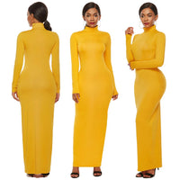 S-5XL Plus Size Party Solid Color Women Long Sleeve Turtleneck Bodycon Maxi Dress Autumn Winter Slim Sexy Dresses Apricot/Black/