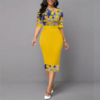 Floral Print Patchwork Yellow Elegant Office Lady Dress For Women 2020 Fashion O Neck Slim Business Formal Dress Party Vestidos