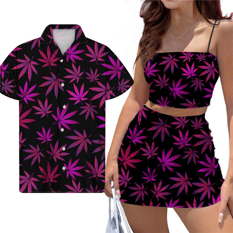 Fashion Jamaica Leaf Print Couple Clothes Sexy Backless Top Short Dress Suit Match Men Beach Shirt Reggae Style Couple Costume