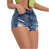 New Arrival Women's High-Elastic Blue Denim Shorts Breathable Holes Cut Washed Technique Summer Casual Rhinestone Waist
