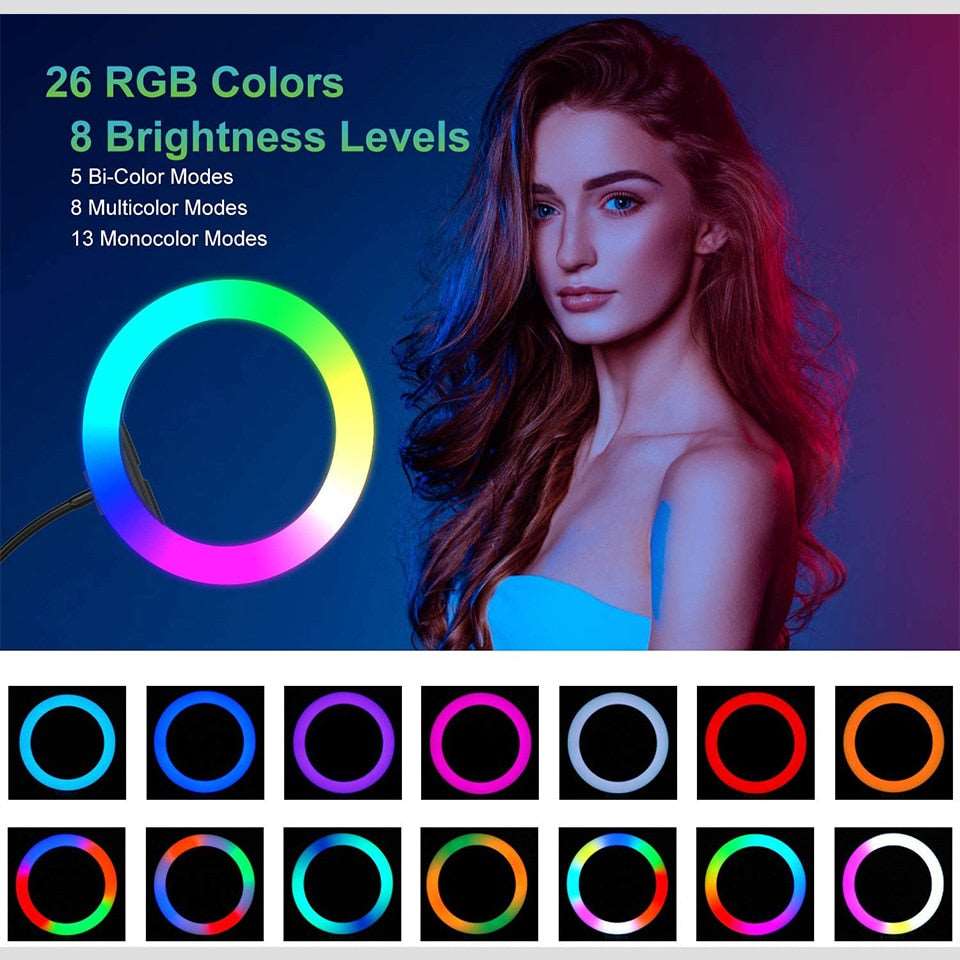 10" LED ring light 26cm Photography Lighting Dimmable Selfie RGB lamp with tripod for makeup Youtube Tiktok phone camera video