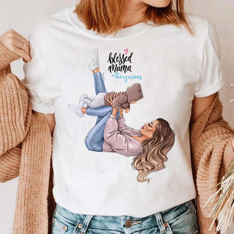 Maycaur Women Cartoon Mom Mother Boy Girl Print Mother Lady T-shirts Casual Top T Shirt Ladies Womens Graphic Female Tee T-Shirt