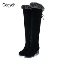 Gdgydh Natural Fur Winter Boots Women Knee High Long Boots Square Heel Winter Shoes Woman Waterproof Rubber Sole Plus Size 46