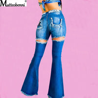 Fashion Denim Flare Pants Women High Waist Retro Ripped Jeans Wide Leg Trousers Lady Casual Bell-Bottoms Flare Pant Tassel Jeans