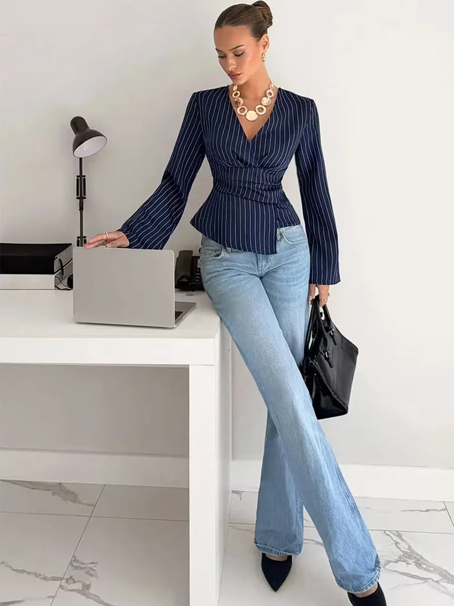 2026 Women's Fashion Striped V-neck Shirt Long Sleeved Waist Cinched Shirt Pullover