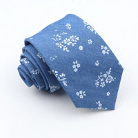 New Cotton Denim Ties For Men 7CM Floral Feather Dot Blue Neck Tie For Wedding Party Casual Print Slim Neckties Daily Wear Gift