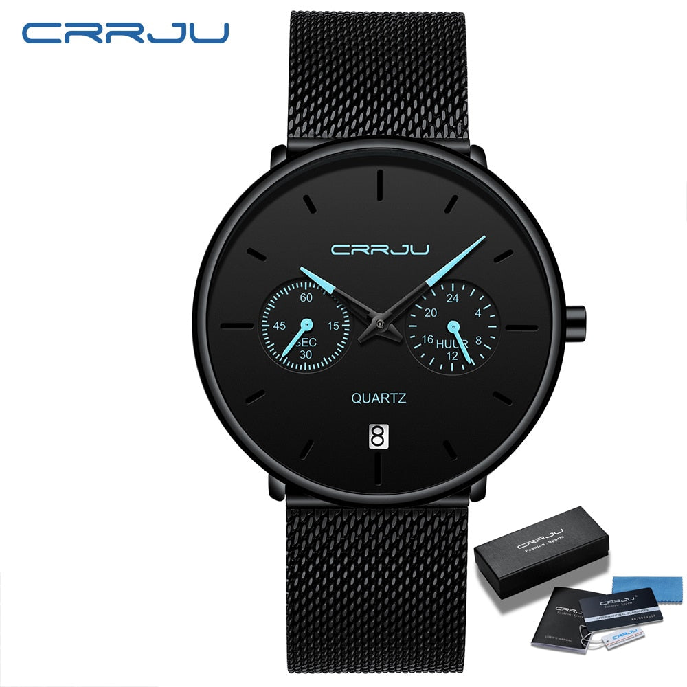 Mens Watches CRRJU Full Steel Casual Waterproof Watch for Man Sport Quartz Watch Men&#39;s Dress Calendar Watch Relogio Masculino