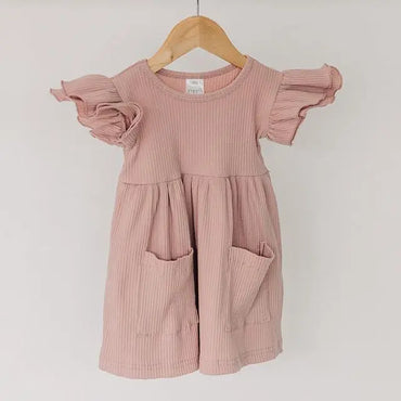 1-4Y Toddler Baby Girls Holiday Cute Dress Solid Ruffles Sleeve Pocket Knee Length A-Line Dress 6Colors