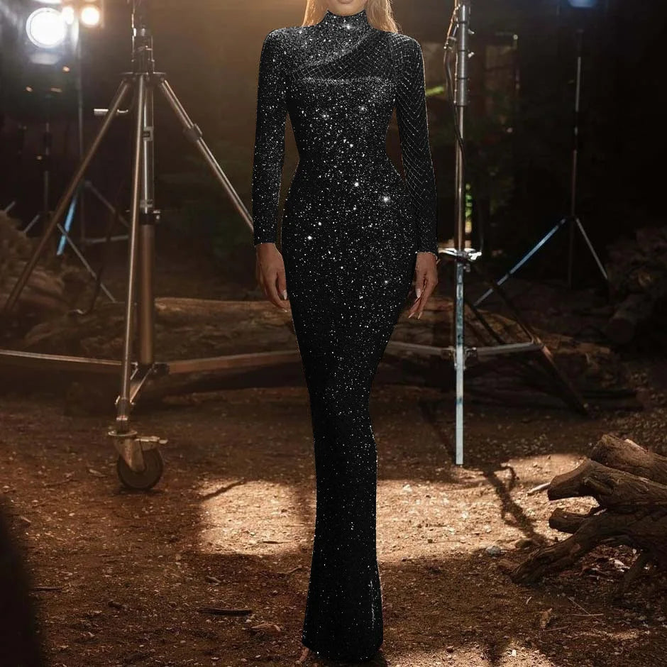 New Women's Satin Hollow Strapless Dress Round Neck Slim Temperament S-Shaped Sequin Crocheted Floor-Length Striped Pattern