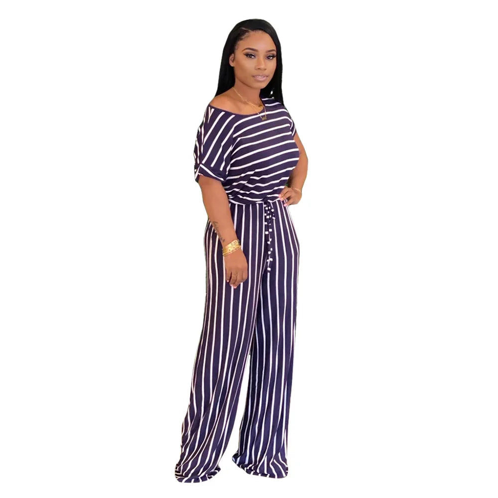 VOLALO Women Causal Striped Short Sleeve Jumpsuit  Loose Fit Summer Long Pants Daily Overalls Comfy Jumpsuit