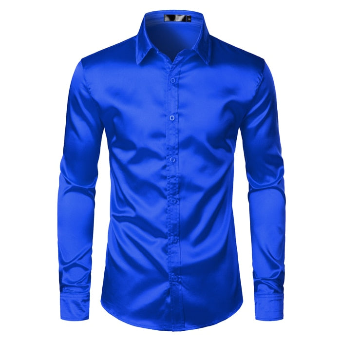 Royal Blue Silk Satin Shirt for Men 2023 Luxury Brand New Slim Fit