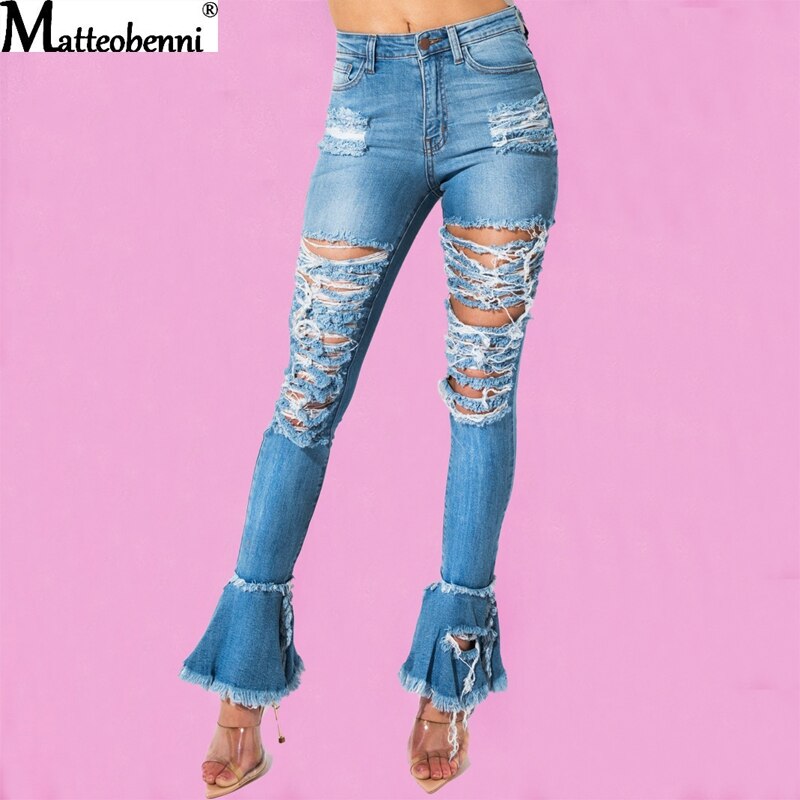 Fashion Denim Flare Pants Women High Waist Retro Ripped Jeans Wide Leg Trousers Lady Casual Bell-Bottoms Flare Pant Tassel Jeans