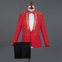 Gold Embroidery Suit Men Stand Collar Diamond Mens Blazer with Pants Wedding Groom Tuxedo Suits Stage Singer Party Costume Homme