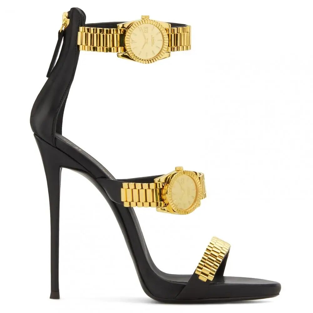 2021 Luxury Gold Metal High Heel Sandals Women Watch Buckle Stilettos Pumps Sandals Summer Sexy Open Toed Catwalk Party Heels