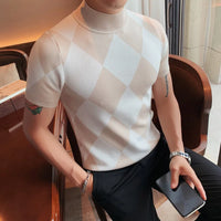 British Style Autumn Winter Short Sleeve Sweater Men Clothing Fashion Diamond Lattice Turtleneck All Match Casual Slim Pullovers