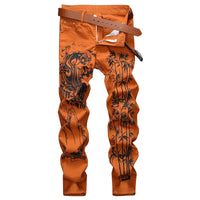 High Quality Men’s Regular Fit Jeans,Chinese Folk Style Prints Decorating Casual Jeans, Stylish Sexy Street Jeans;