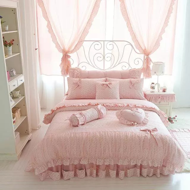 Cherry Printing 100 Cotton Bedding Sets King Queen Size Lace Bow Quilt/Duvet Cover Ruffles Bedspread Bed Skirt Linen Pillowcases