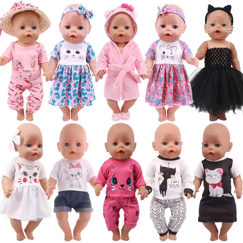 Doll Baby Clothes Kittys Kitten Cat Cartoon Dress Shoes Fit 18 Inch American&43cm Reborn New Born Baby Doll OG Girl`s Toy Doll