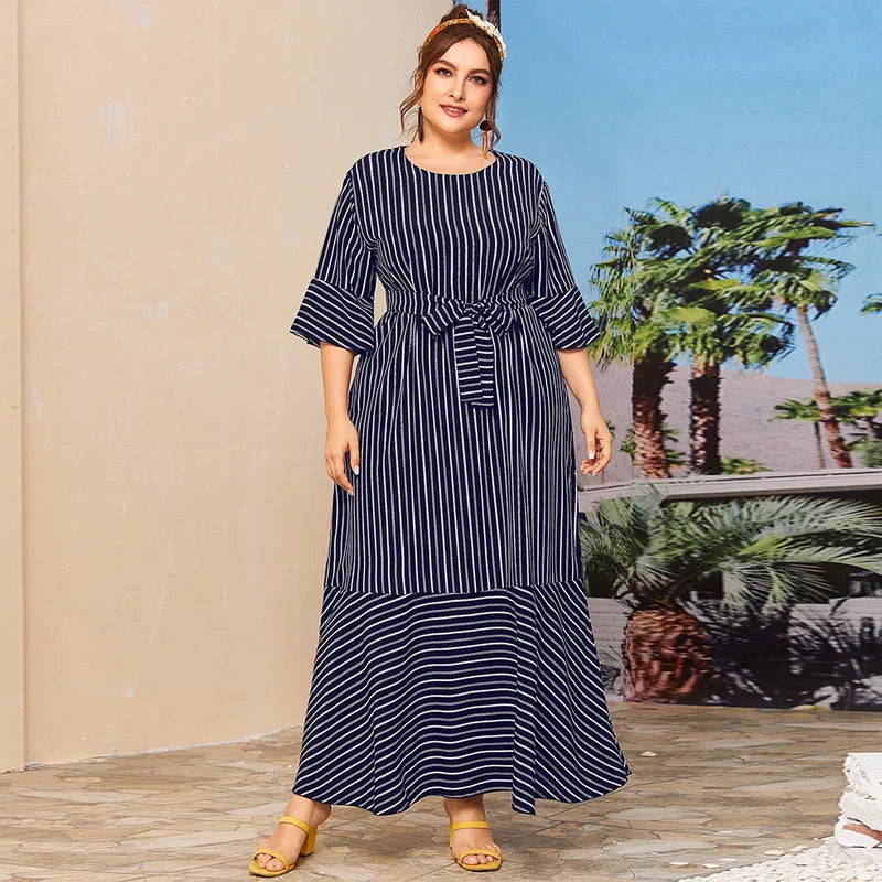 Dress Summer Women 2021 Autumn Three Quarter Sleeve Striped Print Casual Dress Black Ruffles Maxi Long Dresses