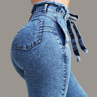 Women's Casual Hip-lifting Slim-fit Jeans Stretch Fringed Belt Pencil Pants High-waisted Denim Trousers Jeans for Women