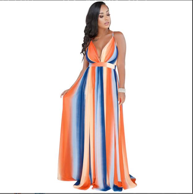 Women Dresses Summer Sexy Maxi Boho Style Print Party Dress Deep V Neck Backless Long Dress Vestidos