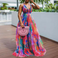 Color Block V-Neck Women Maxi Dress To Floor Long Beach Robe African Party Holiday Summer Dresses Sexy Backless