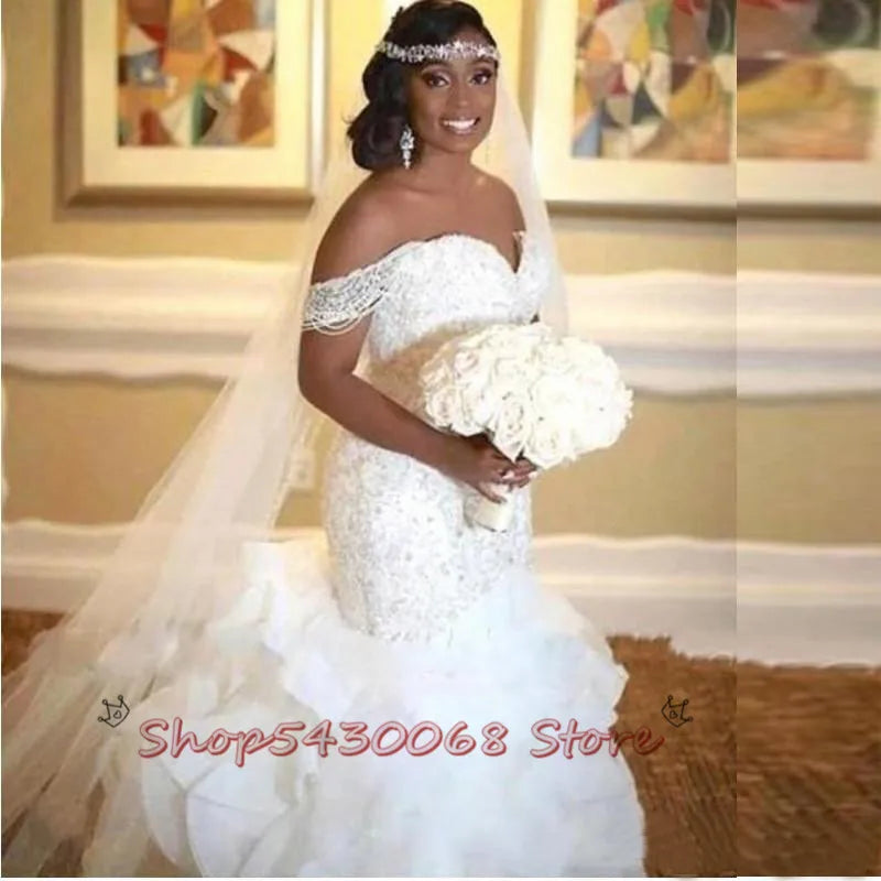 African Mermaid Wedding Dresses Ruffles Off The Shoulder Capped Beads Sequins Bridal Gowns Ruffles Skirt Plus Size Wedding Dress