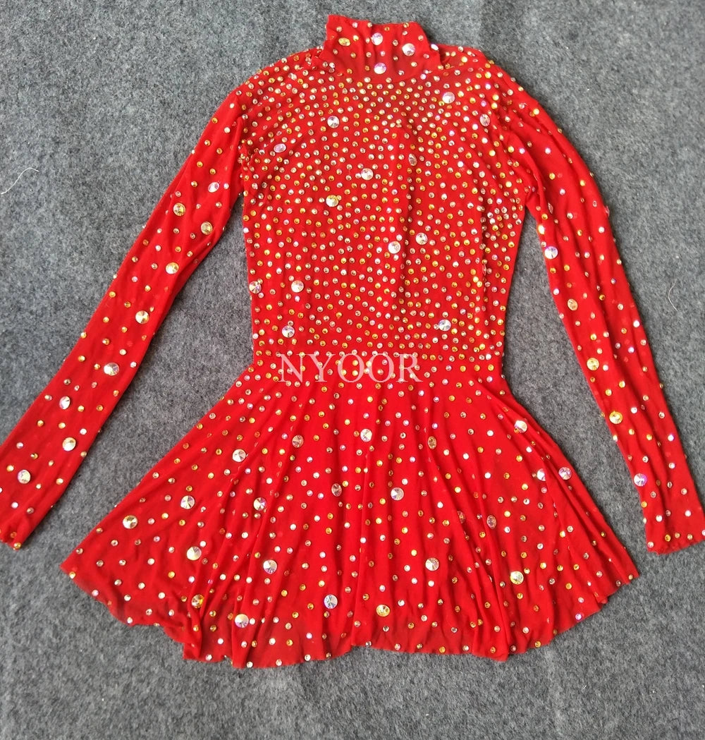 Sexy Transparent Rhinestones Long Sleeve Mini Dress Crystal Dance Costume Women Birthday Celebrate Party Outfit  Show Stage Wear