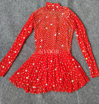 Sexy Transparent Rhinestones Long Sleeve Mini Dress Crystal Dance Costume Women Birthday Celebrate Party Outfit  Show Stage Wear