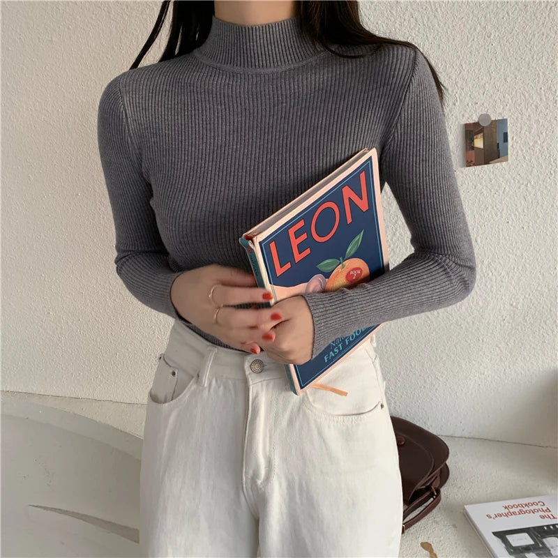 On Sale Spring Women Long Sleeve Turtleneck Elasticity Casual Jumper Pull Sweaters Office Pullover Korean Female Top Shirts