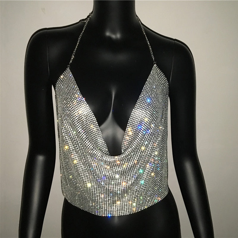 Sexy Style Backless Metal Chain Rhinestone Tank Top Spaghetti Strap Deep V Hollow Out Handmade Crystal Diamonds Vest Nightclub