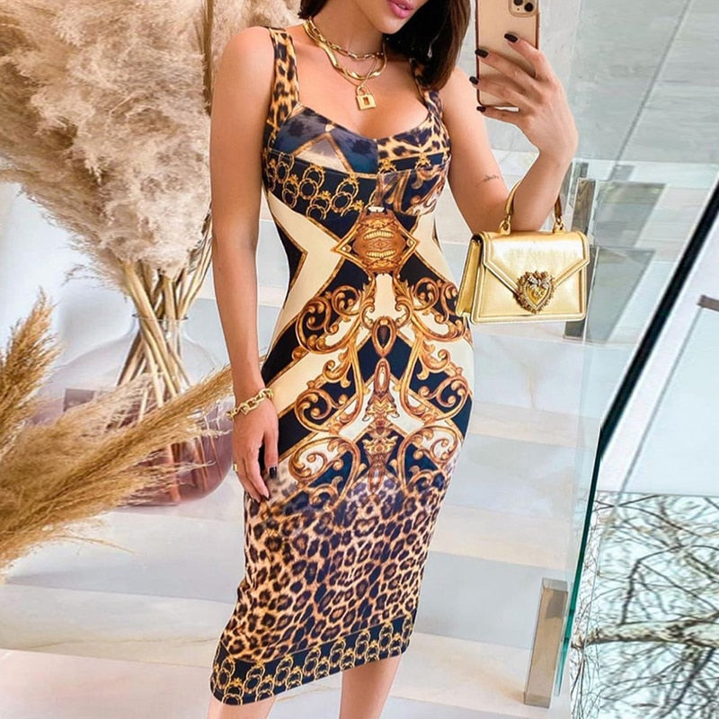 S-XL Summer Woman Sexy Fashion Sleeveless Cheetah Scarf Print Colorblock Midi Dress Yellow Leopard Tank Tight Party Dress Club