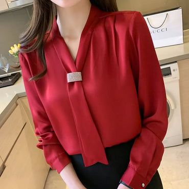 Korean Women Shirts Chiffon Blouses for Women Long Sleeve Shirts Tops Woman Ribbon Blouse Tops Fashion Woman Bow Tie Shirt XXL