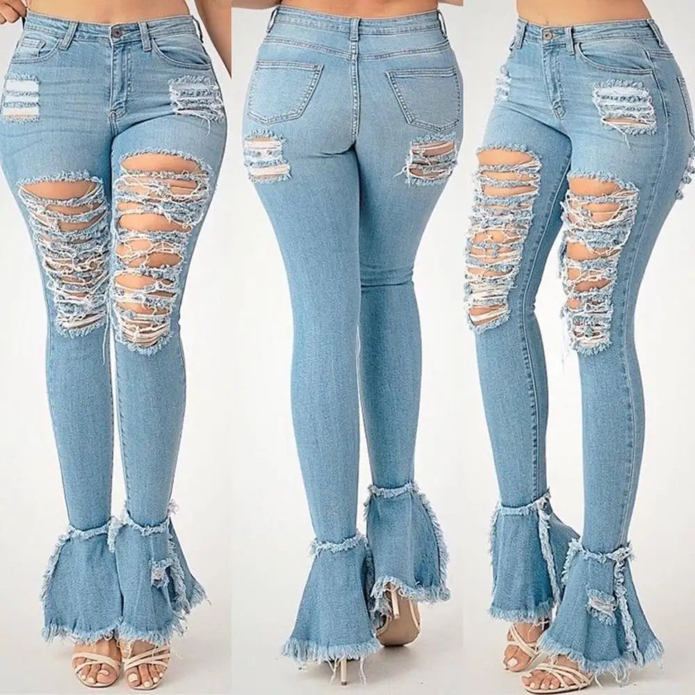 Echoine Sexy Ripped jeans Fringe Hollow out Ruffle Flare denim Pants High Waist  Bodycon Hole Women Trousers Club Outfits